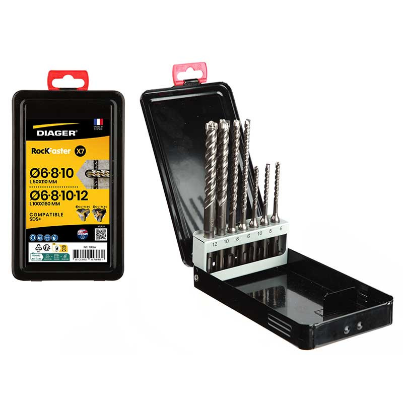 Coffret 7 Forets Béton Diager SDS+ - Ø6-8-10 Mm Lg 110 + Ø6-8-10-12 Mm Lg 160 - Perceuse Percussion