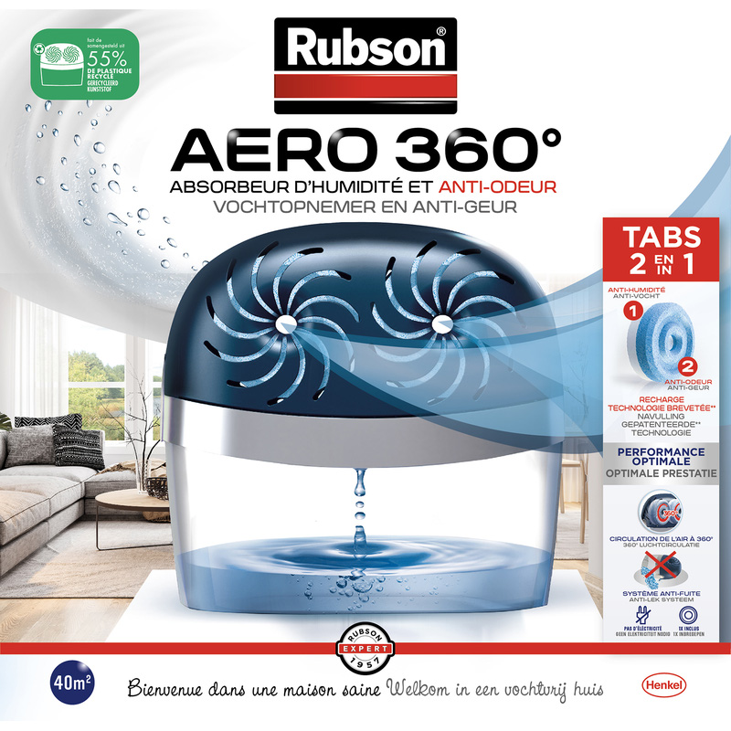 Rubson AERO 360° Absorbeur d'humidité pour pièce de 20 m², déshumidificateur d'air efficace & Recharges Pure Tab pour absorbeur d'humidité AERO 360° (4 x 450 g