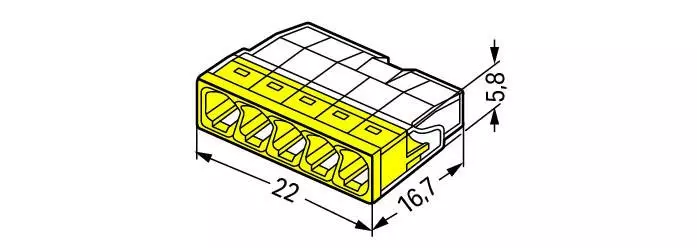 Borne à levier WAGO pour tous types de conducteur - 5 x 0,5 à 2,5mm² - Transparent/jaune - 100 pièces - 2273-205
