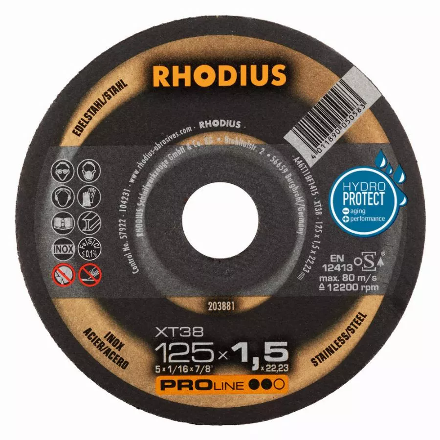 Disque à tronçonner RHODIUS XT38 - Ø125 mm x 1.5 x 22.23 mm - Acier Inox - 203881