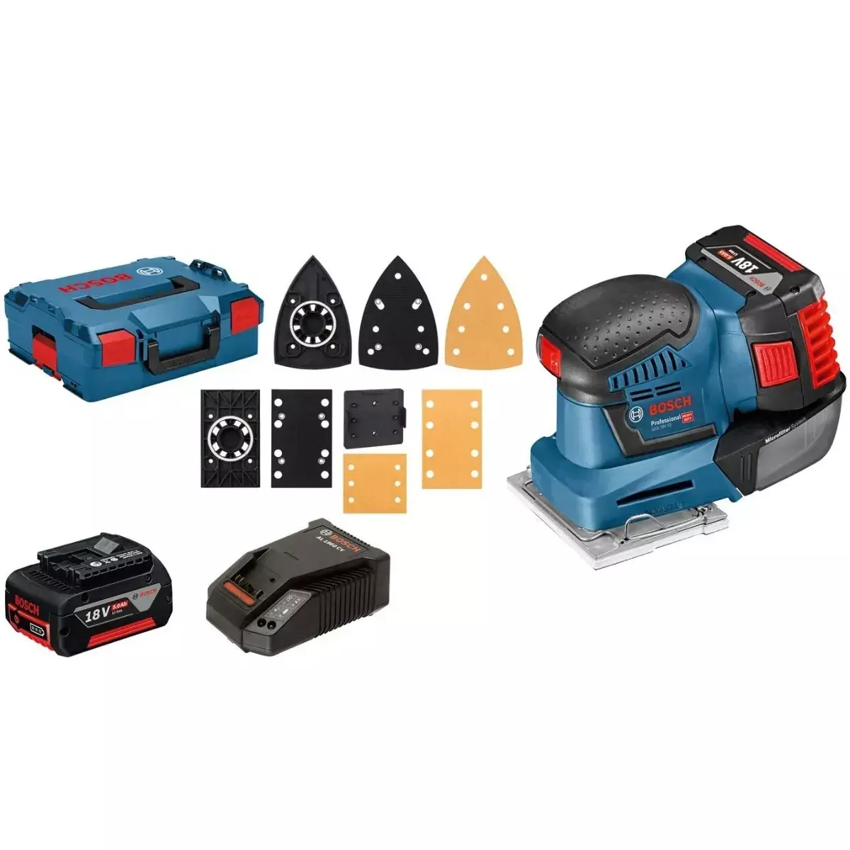 Ponceuse vibrante GSS 18V-10 - BOSCH  -avec 2 batteries 18V 5.0Ah - chargeur - 3 feuilles abrasives - 3 plaques - L-Boxx - 06019D0201