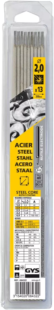 13 Électrodes rutiles E6013 Ø 2,0 - brochable - GYS - 084322