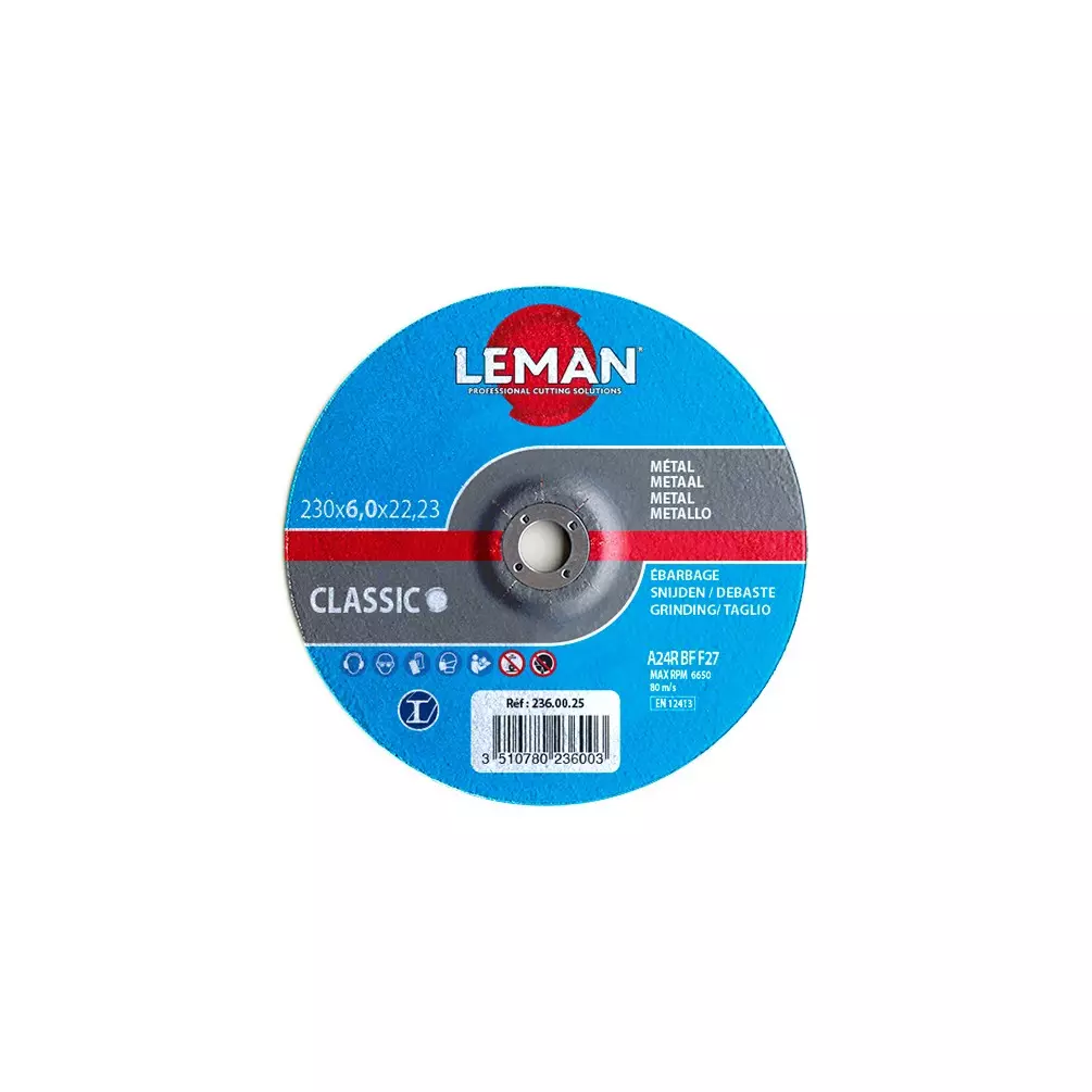 Disque à ébarber métal à moyeu déporté - D. 125 x Al. 22.23 x Ep. 6 mm - LEMAN - 126.00.25