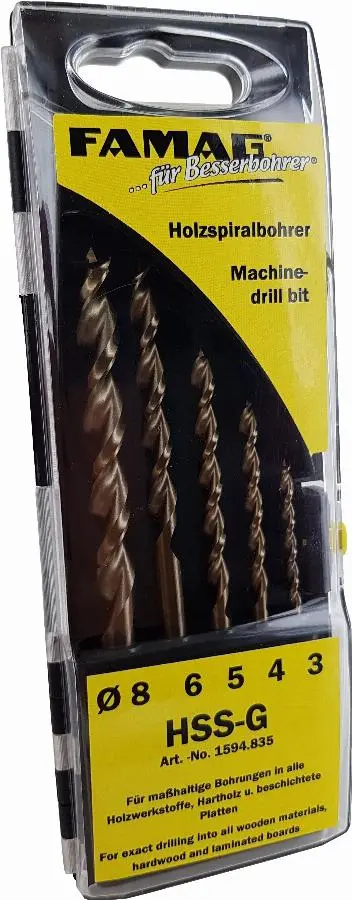 Jeu de mèches à bois hélicoïdale, HSS-G,5 pcs,boîte en plastique Ø 3,4,5,6,8 mm FAMAG - 1594.835