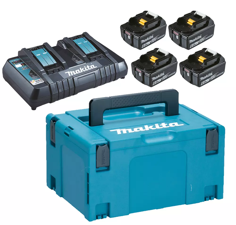 Pack 4 Batteries 6Ah Li-ion LXT avec indicateur de charge - BL1860 - MAKITA  - avec chargeur double DC18RD  - coffret Makpac - 198091-4