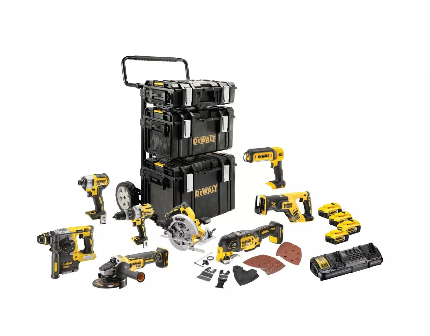 Kit premium 8 outils XR 18V : perceuse - visseuse percussion - visseuse à chocs - scie circulaire - Multi-cutter - Lampe - meuleuse - Perforateur SDS-Plus - scie sabre - DEWALT - avec 4 batteries 18V 5.0Ah - chargeur double - 3 coffrets -DCK853P4