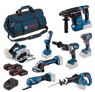 Lot de 8 machines ToolKit 18V - BOSCH - avec 4 x batterie 18V 5.0Ah - chargeur sac de transport - 0615A5004A Lot de 8 machines ToolKit 18V - BOSCH - avec 4 x batterie 18V 5.0Ah - chargeur sac de transport - 0615A5004A