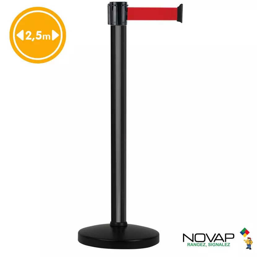 Poteau de guidage Noir - FIRST - sangle Rouge 2,5m x 50mm sur socle portable - NOVAP - 2080026 Poteau de guidage Noir - FIRST - sangle Rouge 2,5m x 50mm sur socle portable - NOVAP - 2080026