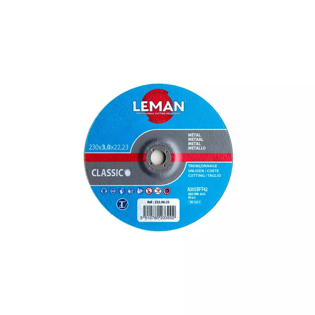 Disque à tronçonner métal à moyeu déporté - D. 125 x Al. 22.23 x Ep. 3 mm - LEMAN - 123.00.25