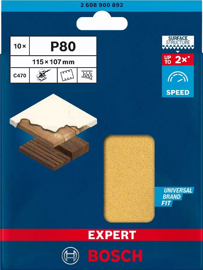 Abrasif rectangle C470 Expert BOSCH 115x107mm Grain 40 - 10 feuilles - 2608900890