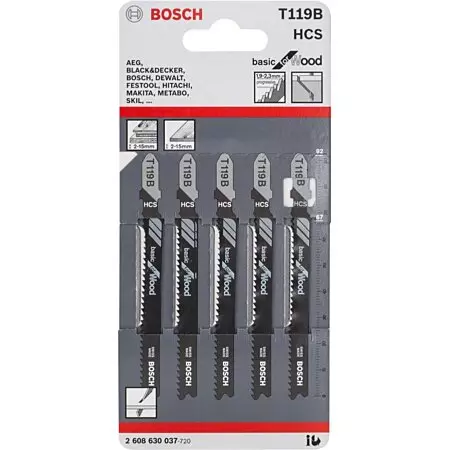 5 Lames de scie sauteuse pour le bois T 119 B Basic for Wood - pas de 1,9-2,3 mm longueur 92 mm - BOSCH -  2608630037
