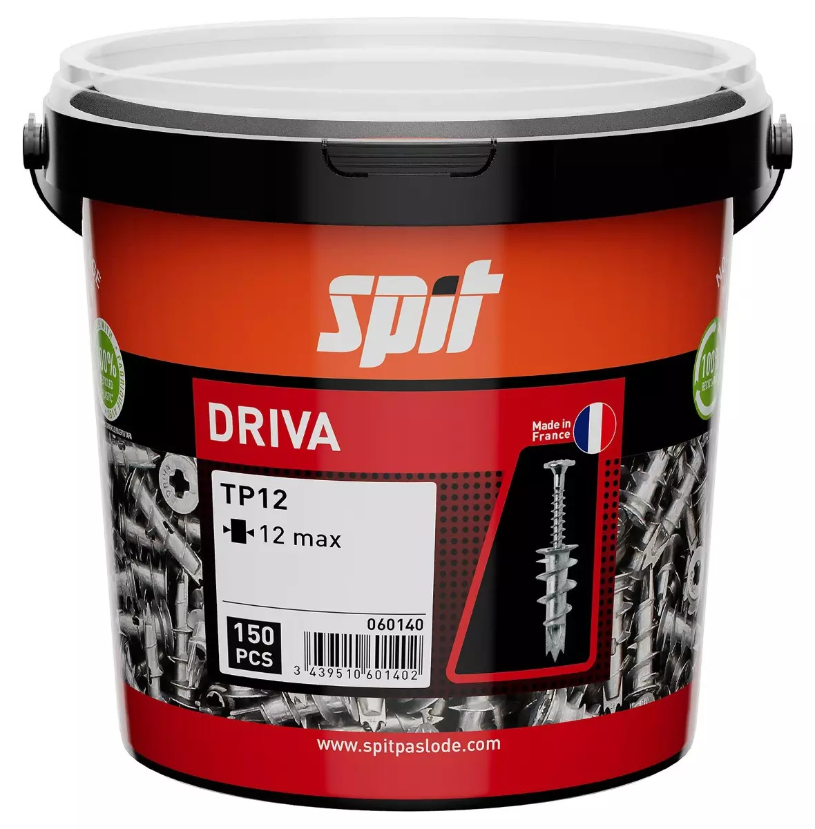 Cheville autoforeuse métallique DRIVA TP12 pour plaque de plâtre - Seau de 150 - SPIT - 060140 Cheville autoforeuse métallique DRIVA TP12 pour plaque de plâtre - Seau de 150 - SPIT - 060140
