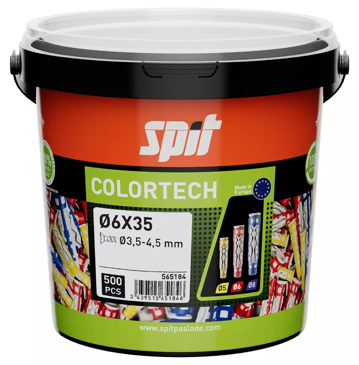 Cheville bi-matière universelle Colortech - 6 x 35 mm - Sans vis - Seau de 500 pièces - SPIT - 565184