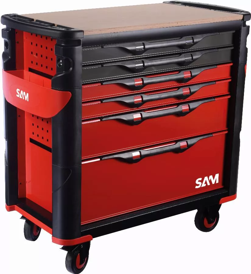 Servante extra large XL 6 tiroirs SAM OUTILLAGE rouge plateau bois - 416-BXL