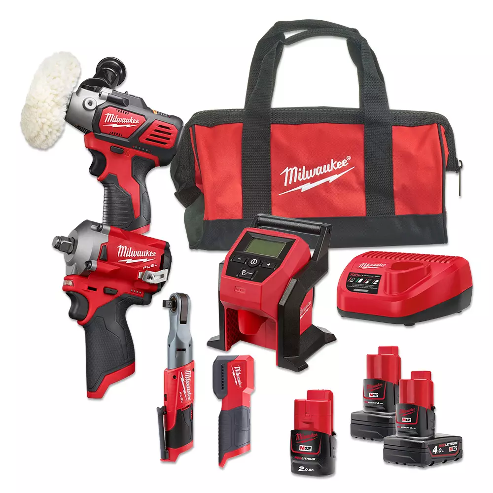 Pack 5 machines M12 FPP5A-423B - MILWAUKEE - avec 3 batteries 12V 2x4.0Ah et 1x2.0Ah + chargeur + sac de transport - 4933492514 Pack 5 machines M12 FPP5A-423B - MILWAUKEE - avec 3 batteries 12V 2x4.0Ah et 1x2.0Ah + chargeur + sac de transport - 4933492514