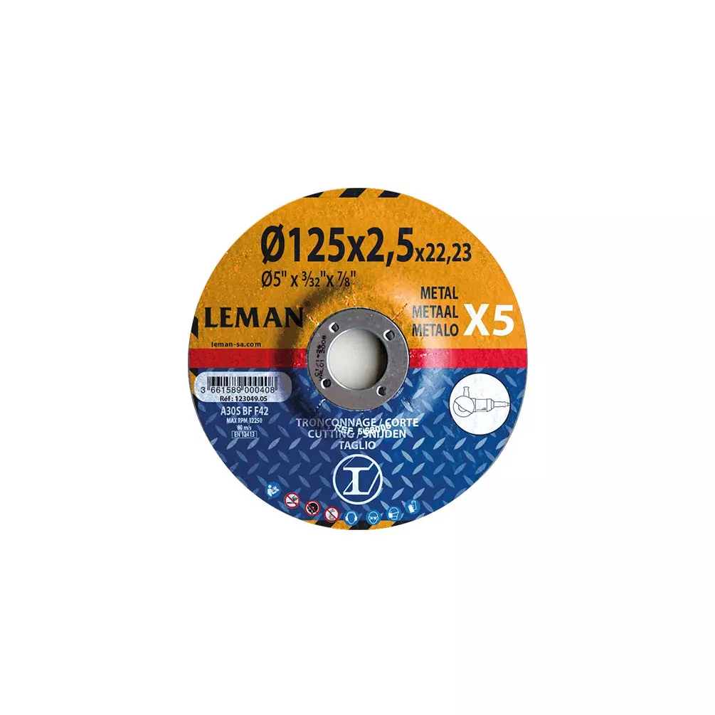 5 disques à tronçonner métal à moyeu déporté - D. 125 x Al. 22.23 x Ep. 2,5 mm - LEMAN - 123049.05