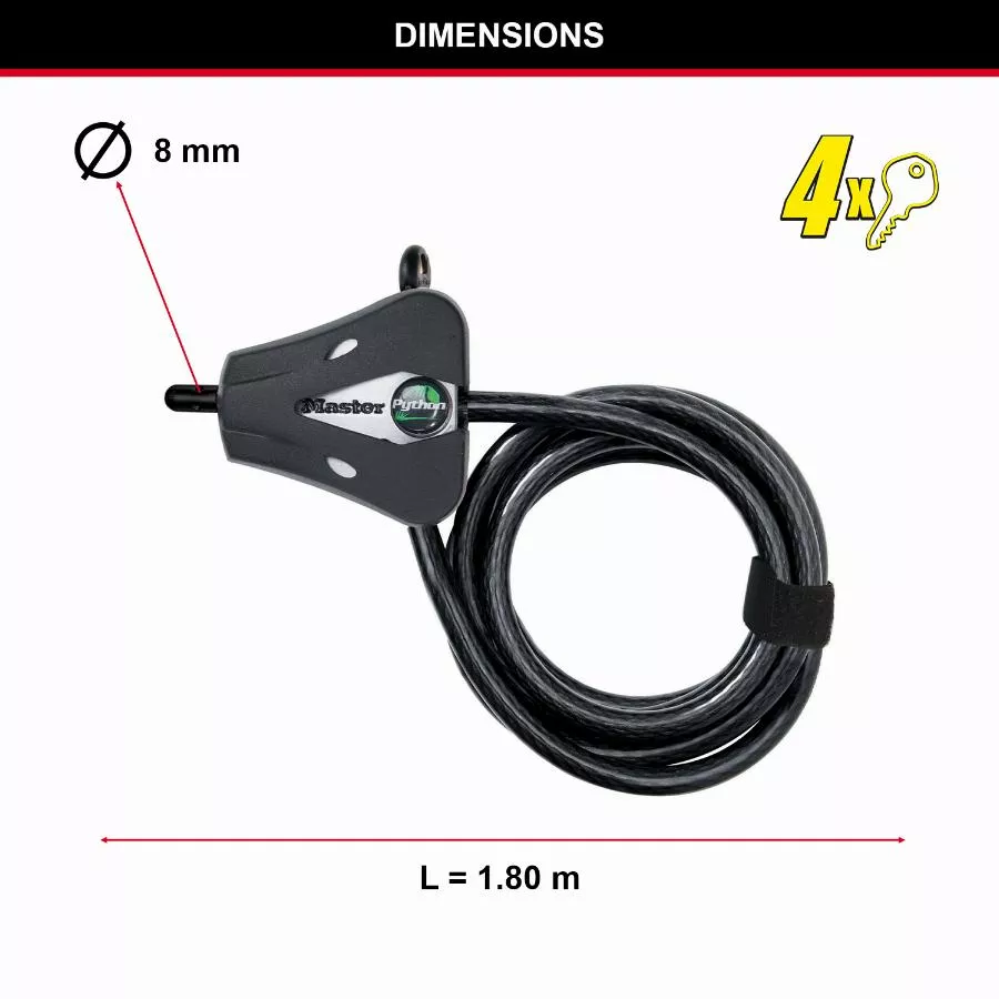 Câble de verrouillage ajustable Python™ MASTERLOCK L 1,8 m x Ø8 mm - Noir - 8418EURD