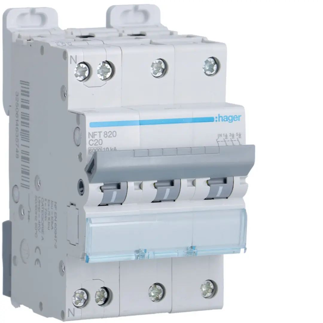 Disjoncteur 20A 3P+N 6-10kA Courbe C 3module