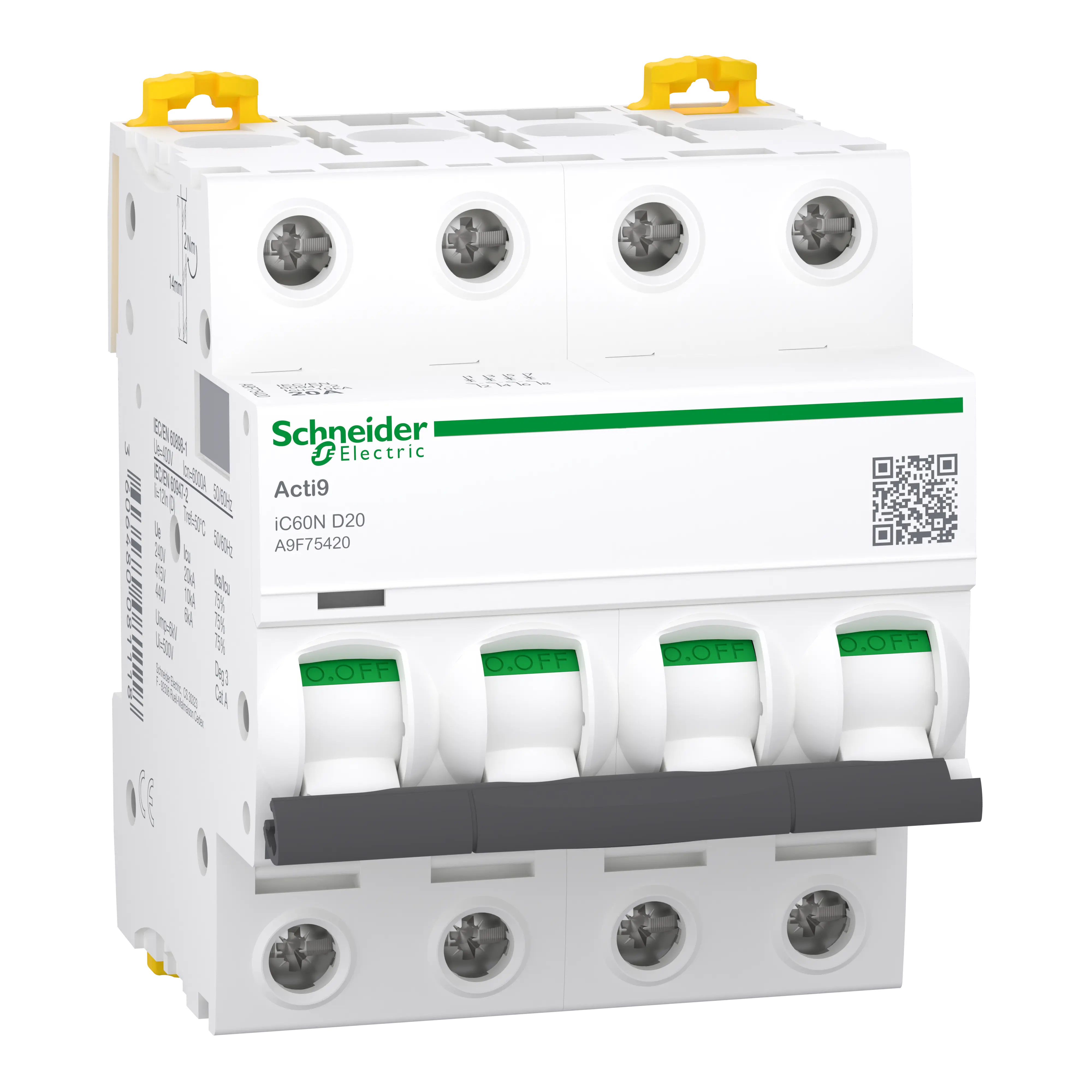 Acti9 iC60N - Disjoncteur - 4P - 20A - Courbe D - 400Vca - 6000A/10kA - SCHNEIDER ELECTRIC - A9F75420