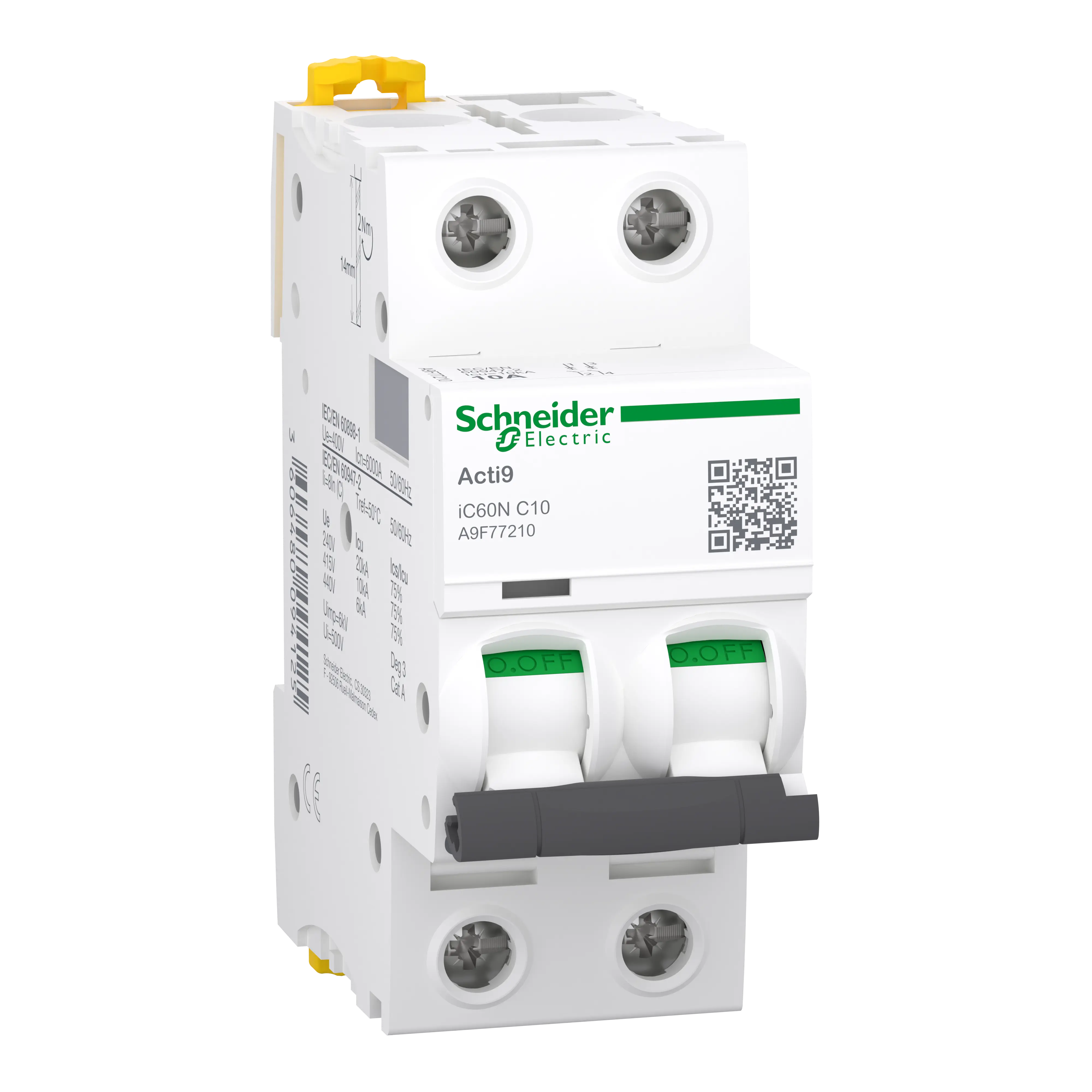 Acti9 iC60N - Disjoncteur - 2P - 10A - Courbe C - 400Vca - 6000A/10kA - SCHNEIDER ELECTRIC - A9F77210