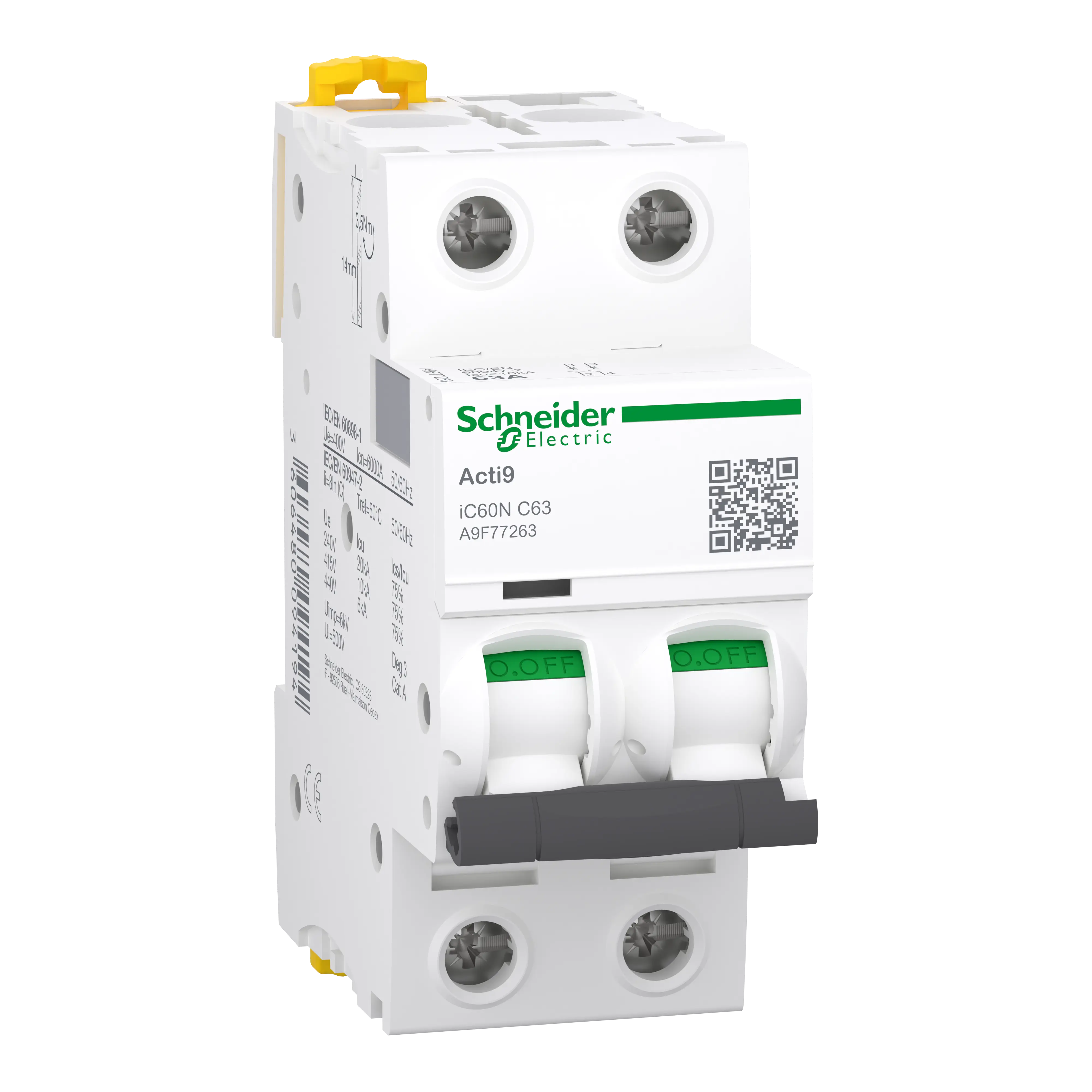 Acti9 iC60N - Disjoncteur - 2P - 63A - Courbe C - 400Vca - 6000A/10kA - SCHNEIDER ELECTRIC - A9F77263