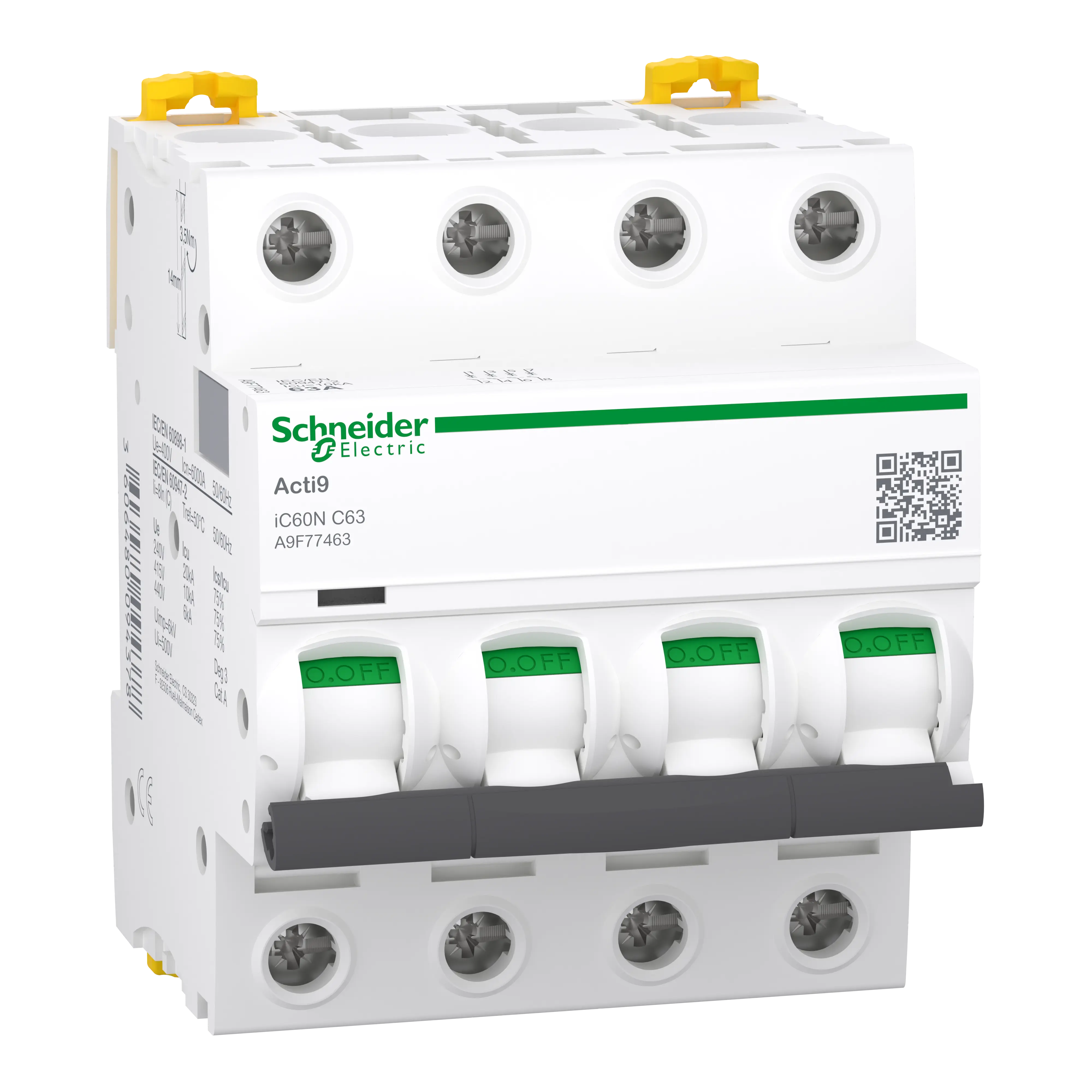 Acti9 iC60N - Disjoncteur - 4P - 63A - Courbe C - 400Vca - 6000A/10kA - SCHNEIDER ELECTRIC - A9F77463