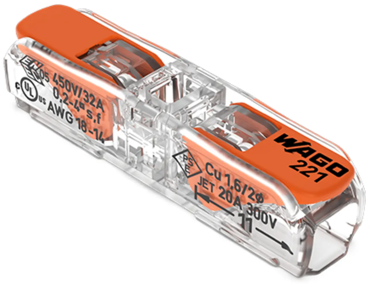Borne à levier WAGO 221 Inline 2x4mm² à leviers souple & rigide - Wago - 60pcs - 221-2411