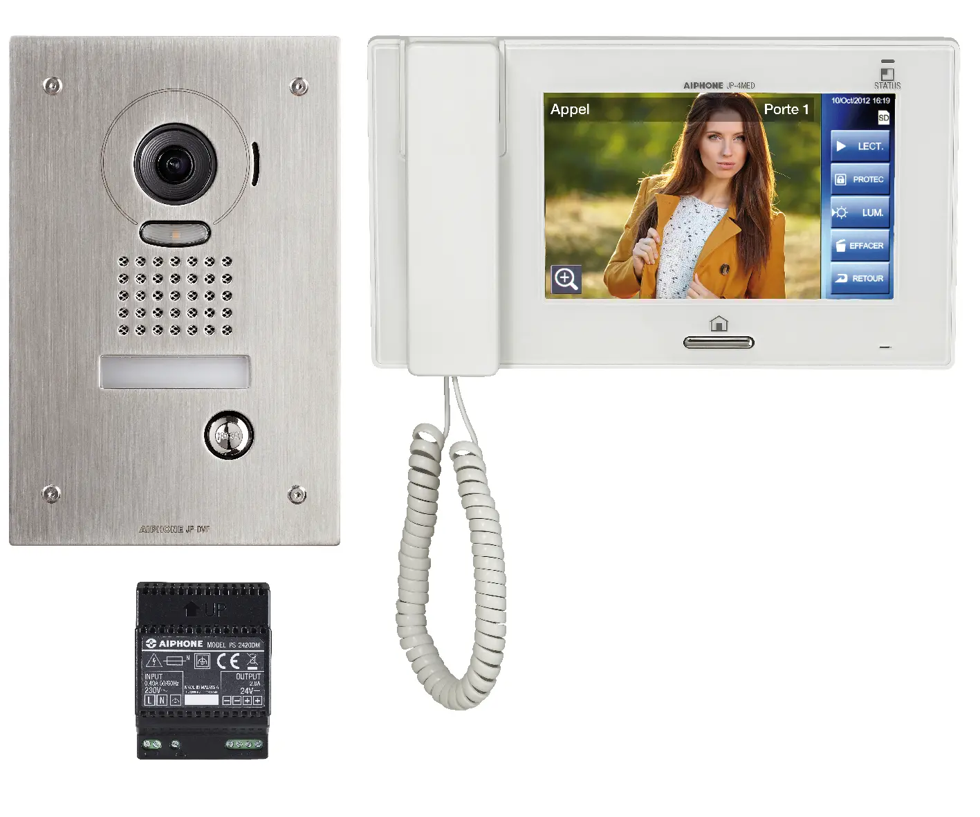 Kit vidéo JP platine inox encastrée, gd angle, moniteur écran 7" tactile avec alimentation - AIPHONE - JPS4AEDF