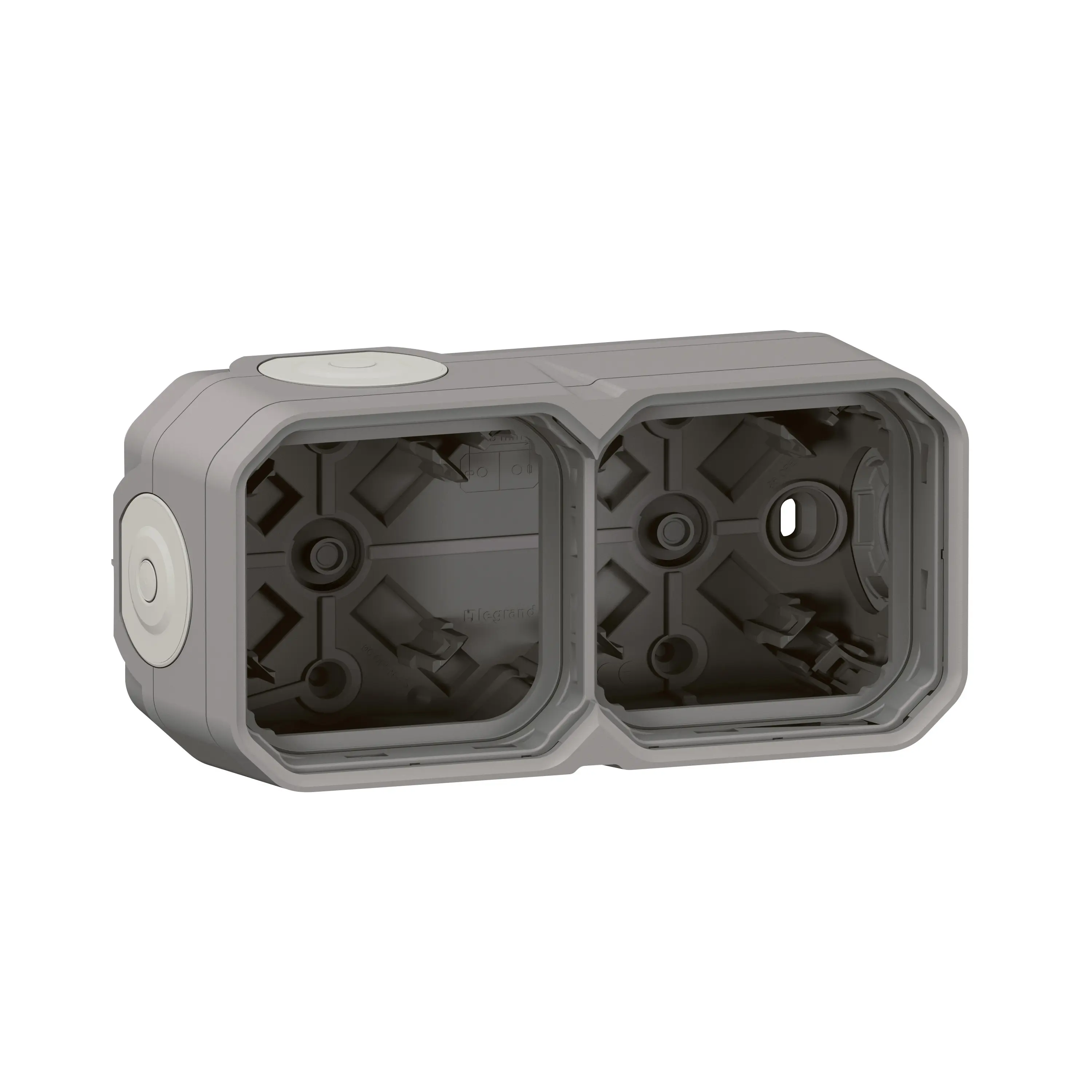 Boîtier saillie étanche Plexo 2 postes horizontaux et verticaux sans cloison avec 4 embouts à membrane - Gris - 069672L
