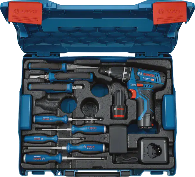 GSR 12V-15 Professional et outillage à main - BOSCH - avec 2 batterie 12V 2Ah - chargeur - L-Boxx - 060186810R