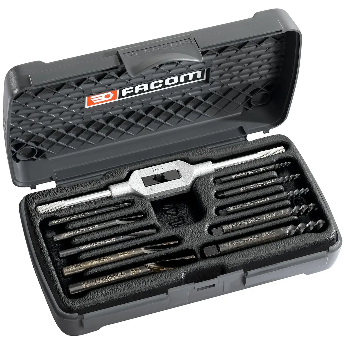 Jeu de 5 extracteurs de goujons et 5 forets coniques adaptés, 3 à 18 mm livré sur stand - FACOM - 285.JS10