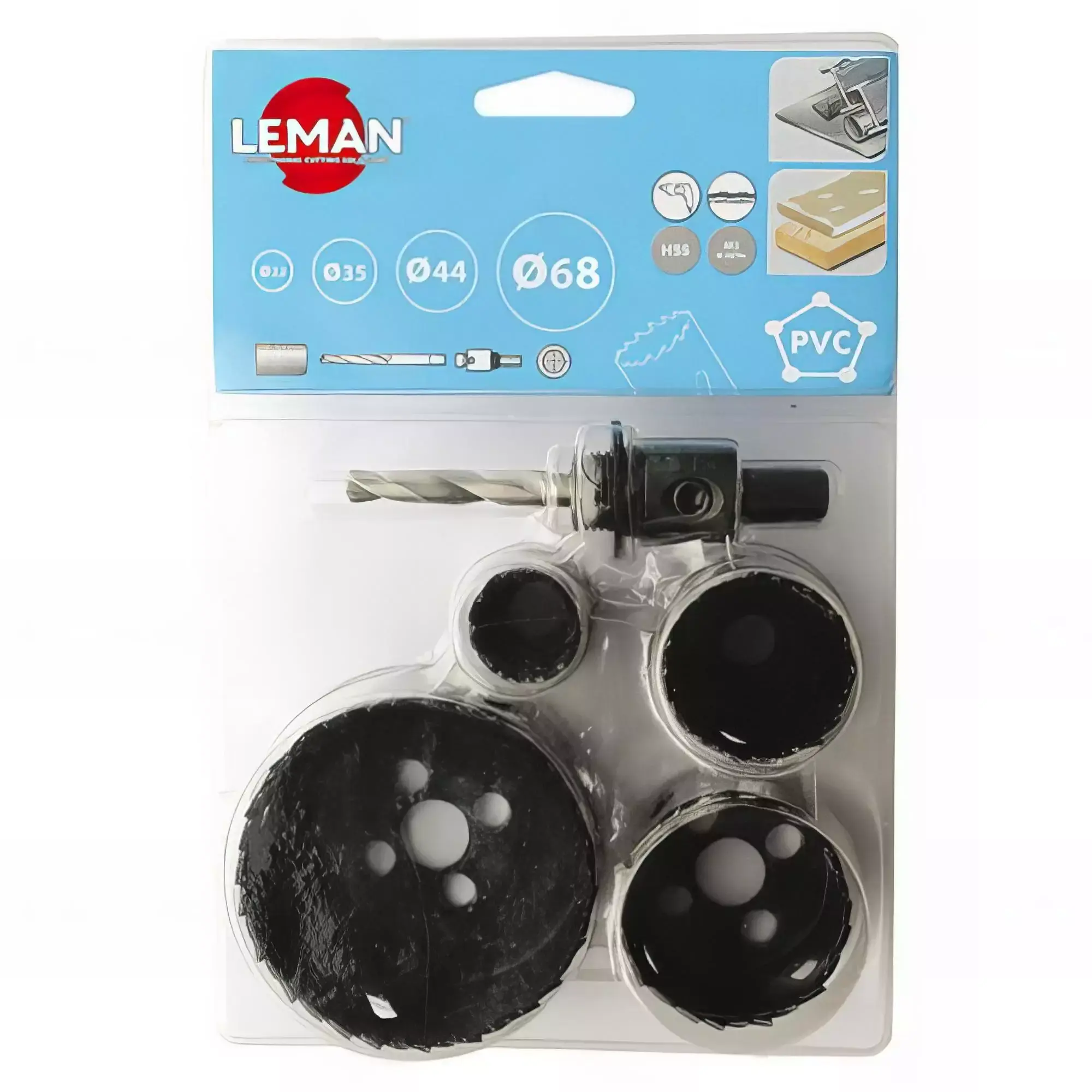 Lot de 4 trépans HSS bi-métal D. 22/35/44/68 mm + Mandrin, Foret, Adaptateur - LEMAN - 3004