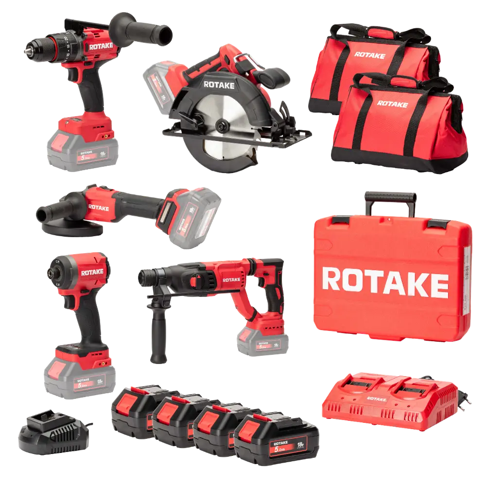 Ensemble de 5 machines ROTAKE 18V - Perceuse visseuse à percussion D2H-50D + Meuleuse G1-125 + PERFORATEUR 8902  + Scie circulaire 8303 + Visseuse à chocs S1 - ROTAKE - avec 4 batteries 18V 5Ah + chargeur double + 2 sacs de transport - LOT01