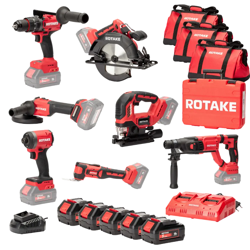 Ensemble de 7 machines ROTAKE 18V - Perceuse visseuse à percussion D2H + Meuleuse 125 + PERFORATEUR + Scie circulaire + Visseuse à chocs + Scie sauteuse + Outil multifonction - ROTAKE - avec 3 batteries 18V 5Ah + chargeur double + 3 sacs - LOT02