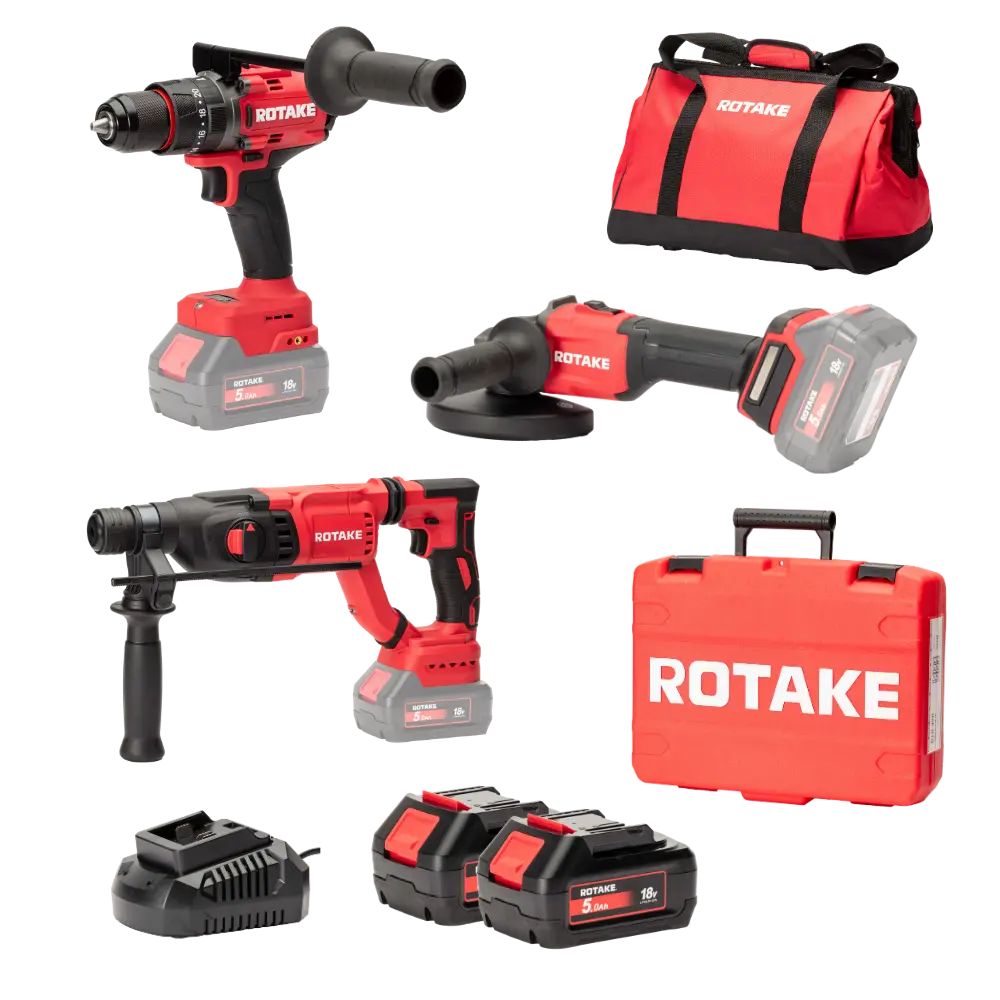 Ensemble de 3 machines ROTAKE 18V -  Perceuse visseuse à percussion D2H-50D + Meuleuse G1-125 + Perforateur 8902 + 2 batteries 18V 5Ah - ROTAKE avec 1 sac de transport - LOT05