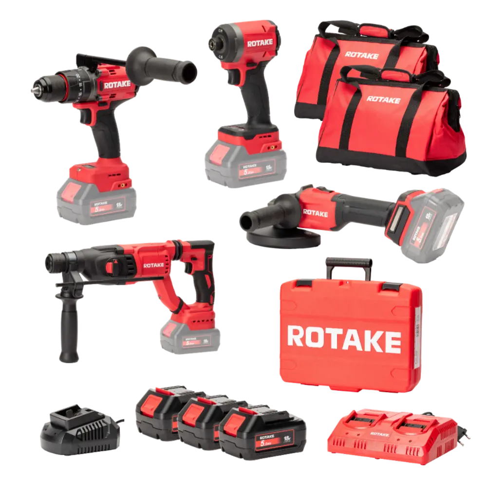 Ensemble de 4 machines ROTAKE 18V -  Perceuse visseuse à percussion D2H-50D + Meuleuse G1-125 + PERFORATEUR 8902  + Scie circulaire 8303 + Visseuse à chocs S1 - ROTAKE - avec 1 batterie 18V 5Ah + chargeur double + 2 sacs de transport - LOT06