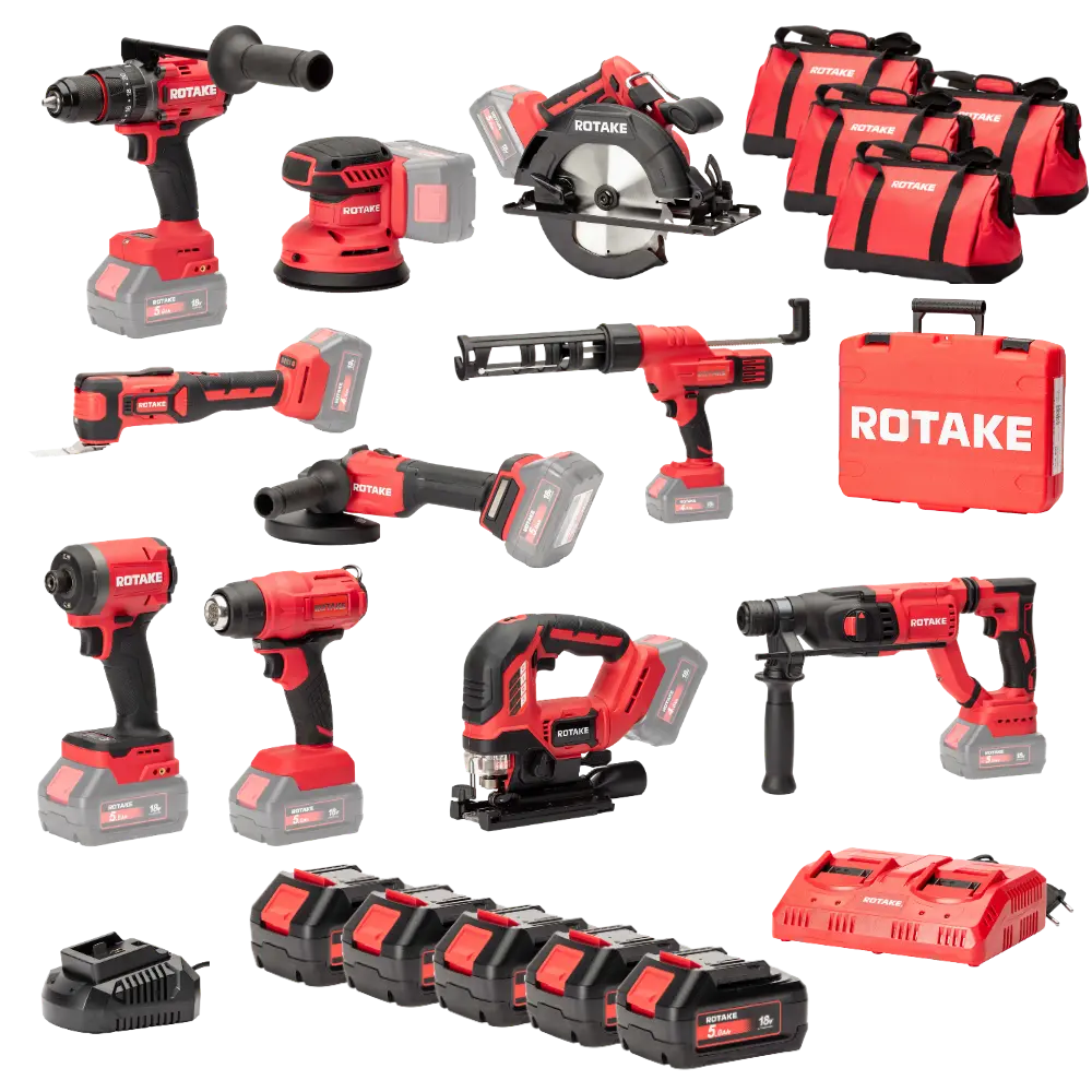 Ensemble de 10 machines 18V - Perceuse à percussion + Meuleuse + Scie circulaire + Visseuse à chocs + Scie sauteuse + Outil multifonction + Ponceuse orbitale + Pistolet à mastic + Décapeur thermique - ROTAKE - 3 batteries 5Ah+chargeur+4 sacs - LOT07