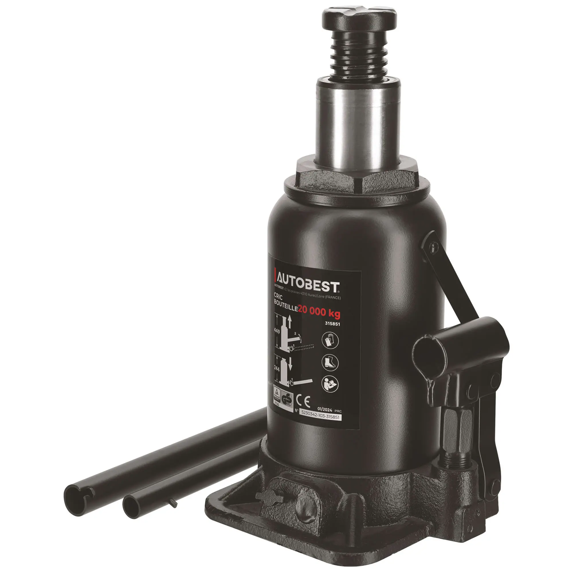 Cric bouteille 20T – Capacité de levage 20 tonnes – Hauteur de levage 244 à 449 mm – Compact et léger 11.4 kg pour poids lourds - AUTOBEST – 315851