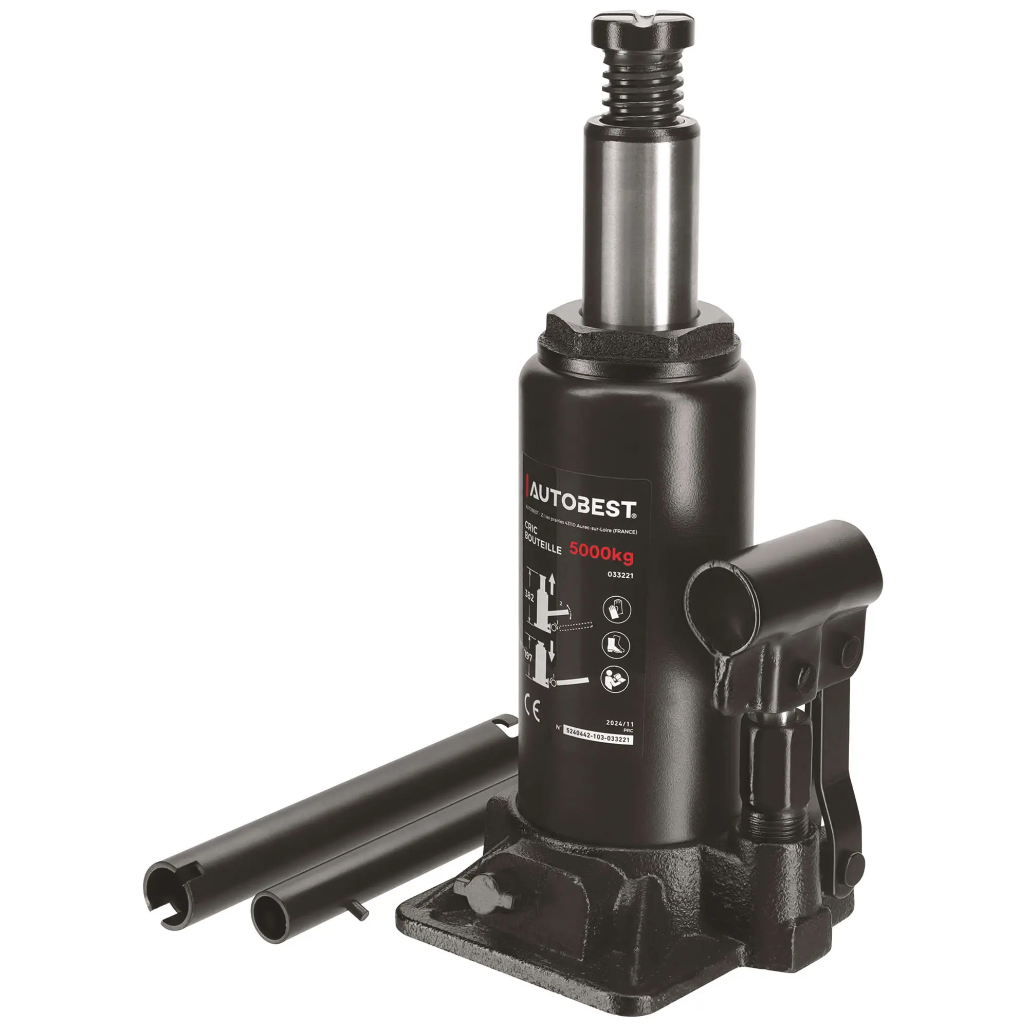 Cric hydraulique bouteille 5 Tonnes de 197 à 382 mm - AUTOBEST - 33221