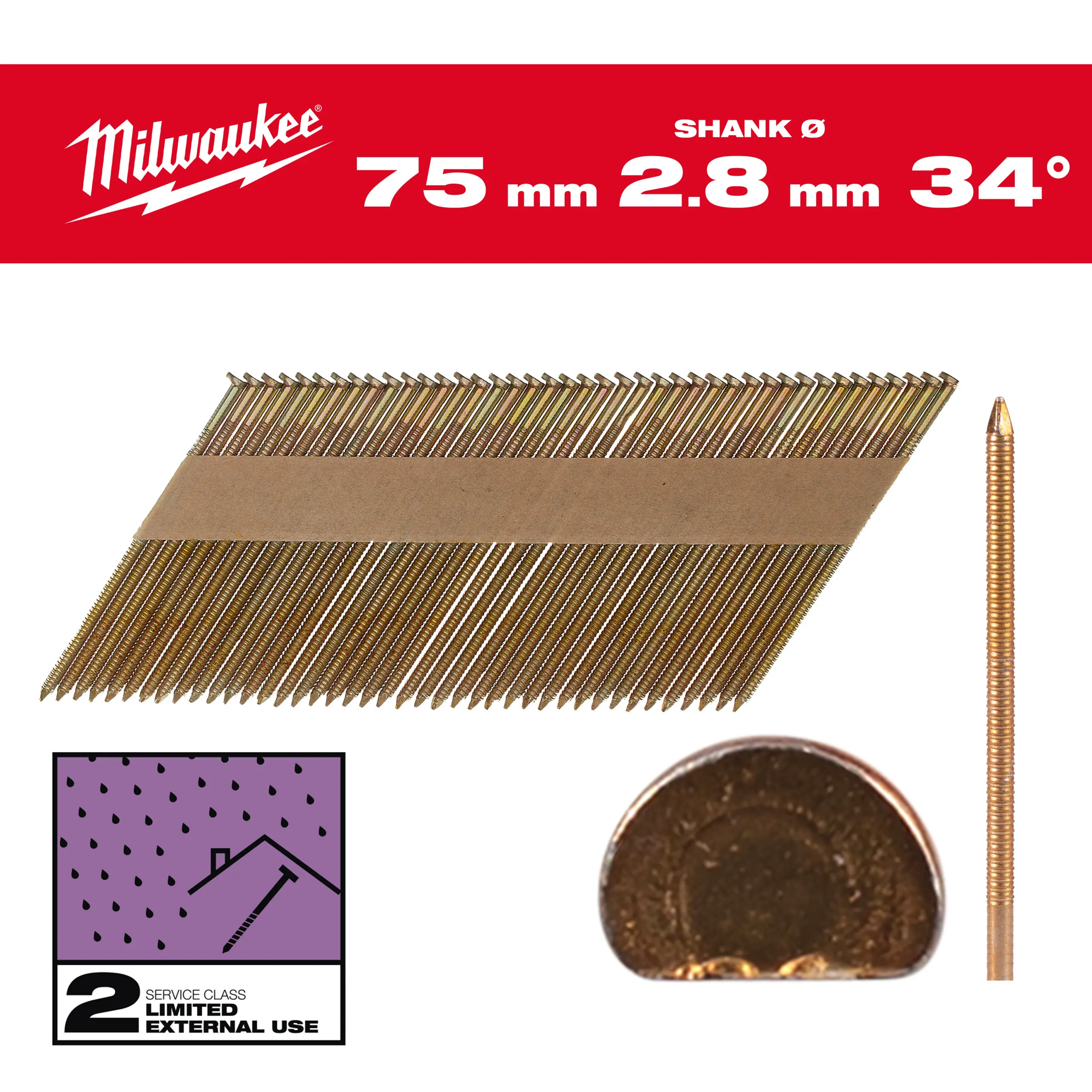 Clous de charpente, 34°, Tête en D -L.75mm - MILWAUKEE - cdt. 2200  4932492608