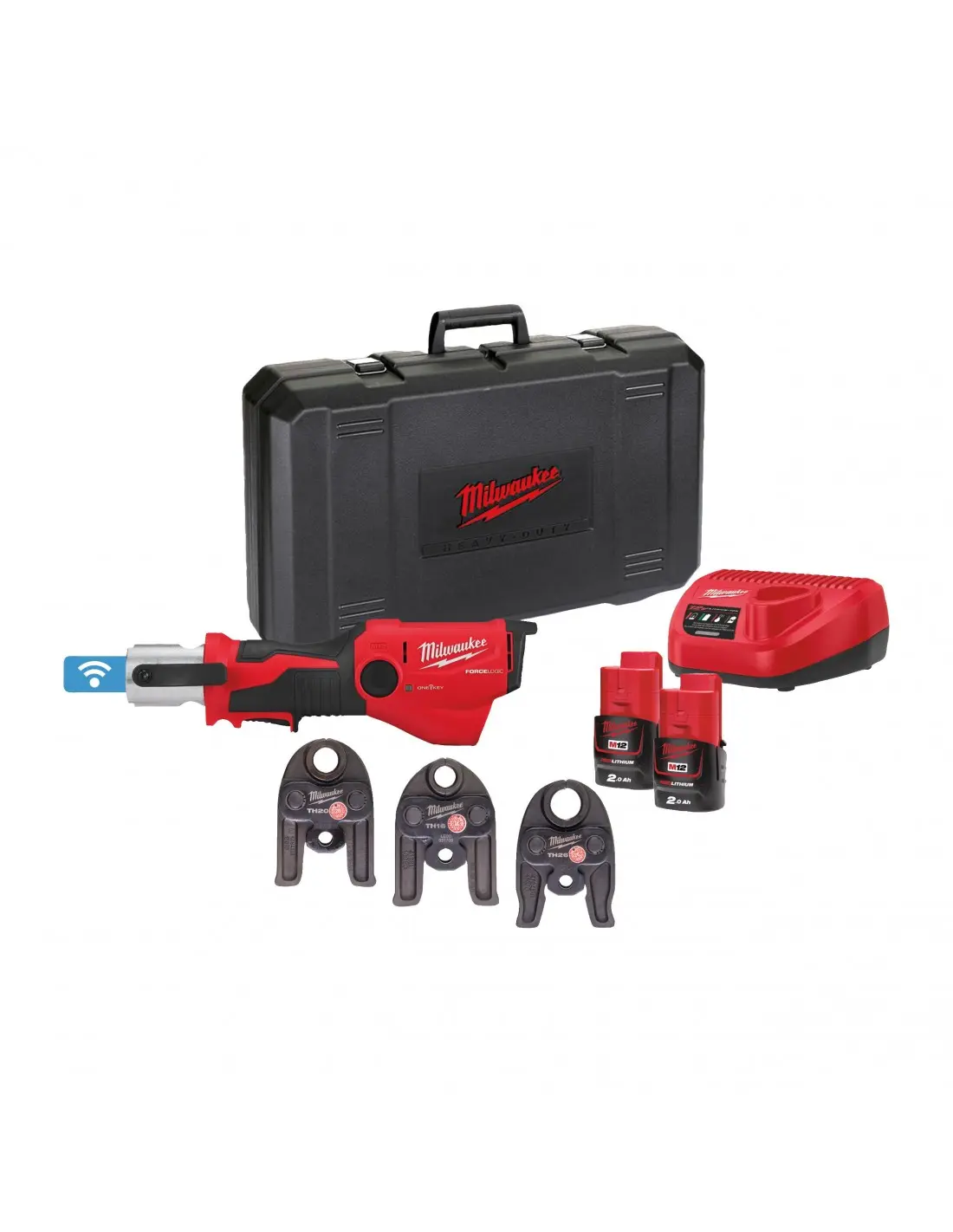 Sertisseuse hydraulique M12 Force Logic compacte ONE-KEY 12V 2,0Ah + Mâchoires 16/20/26 mm + 2 batteries + 1 chargeurs en Coffret - MILWAUKEE - 4933481036