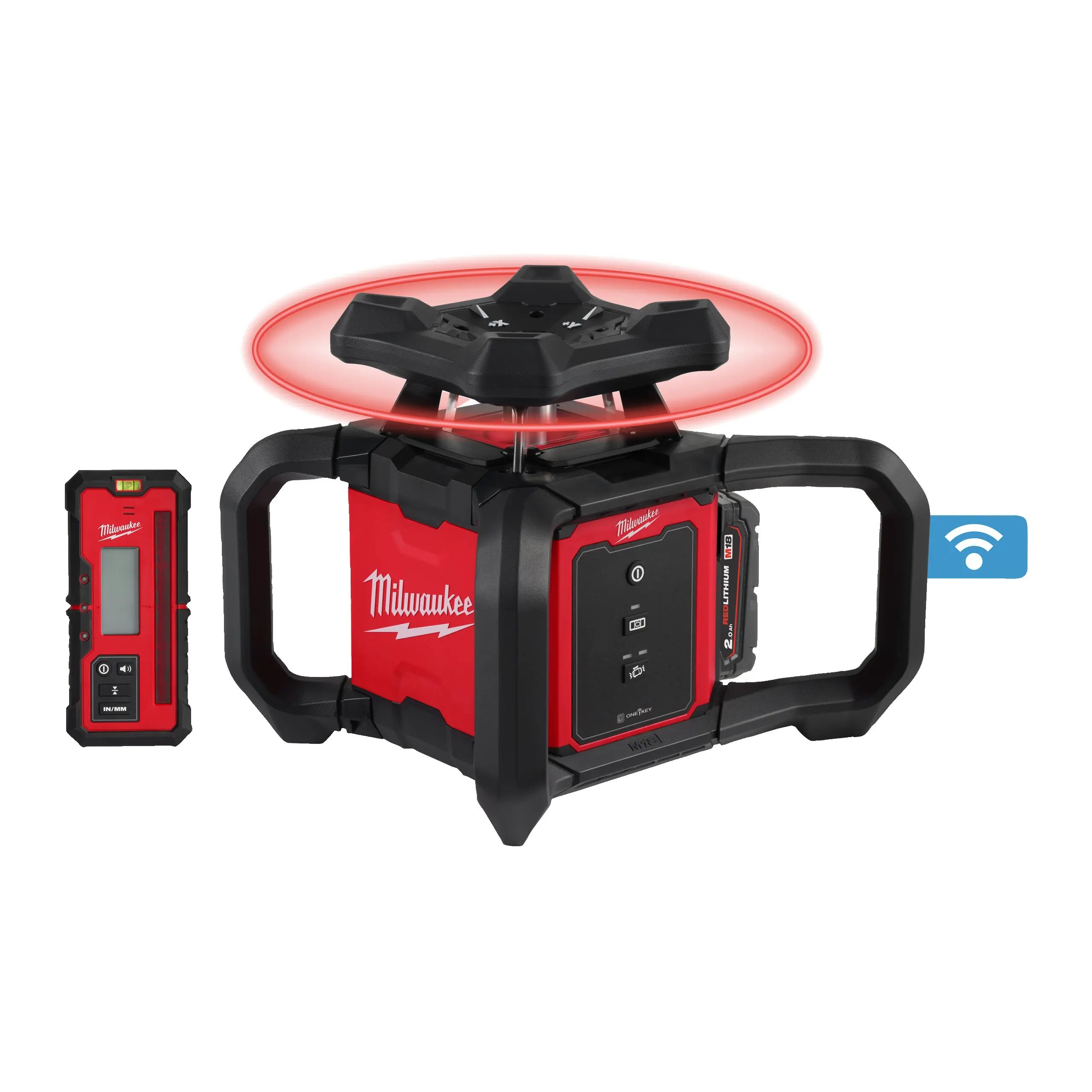 Laser rotatif ONE-KEY rouge, horizontal, 600 m, M18 RLOH600-201C - 18V - MILWAUKEE - avec 1 batterie 2Ah - chargeur - 4933493191