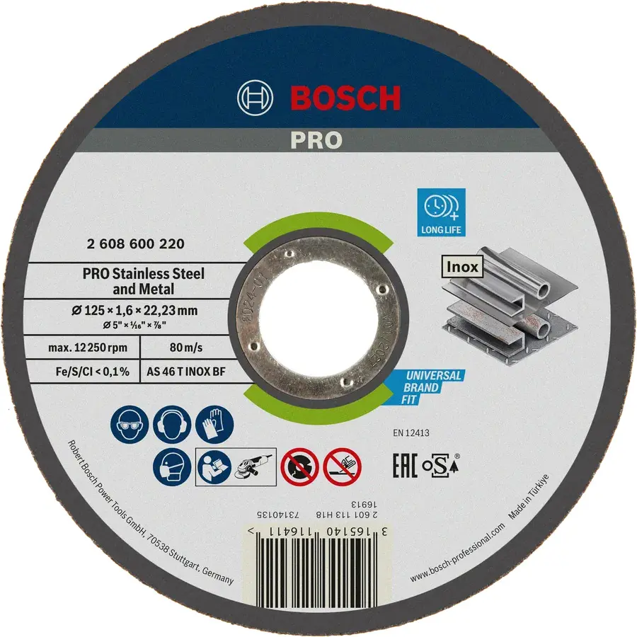 Disque EXPERT à tronçonner BOSCH à moyeu plat Spécial inox 125X1.6 MM - 2608600220