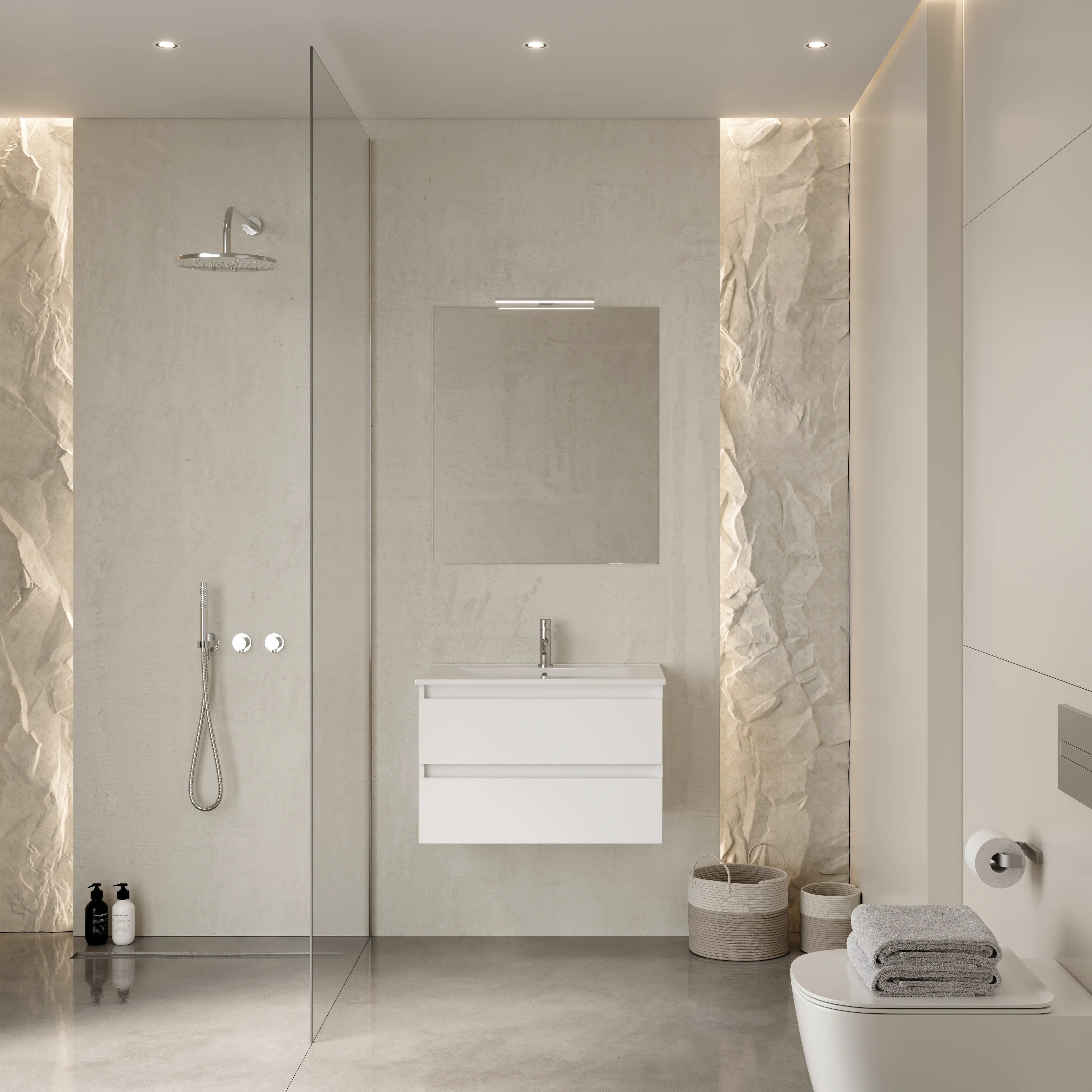 Ensemble CONSTRUCTA - Meuble 2 TIROIRS 60cm BLANC + Plan céramique 60 cm + Miroir 60x80 cm + Spot led - BANHOAZIS - CONJ7863