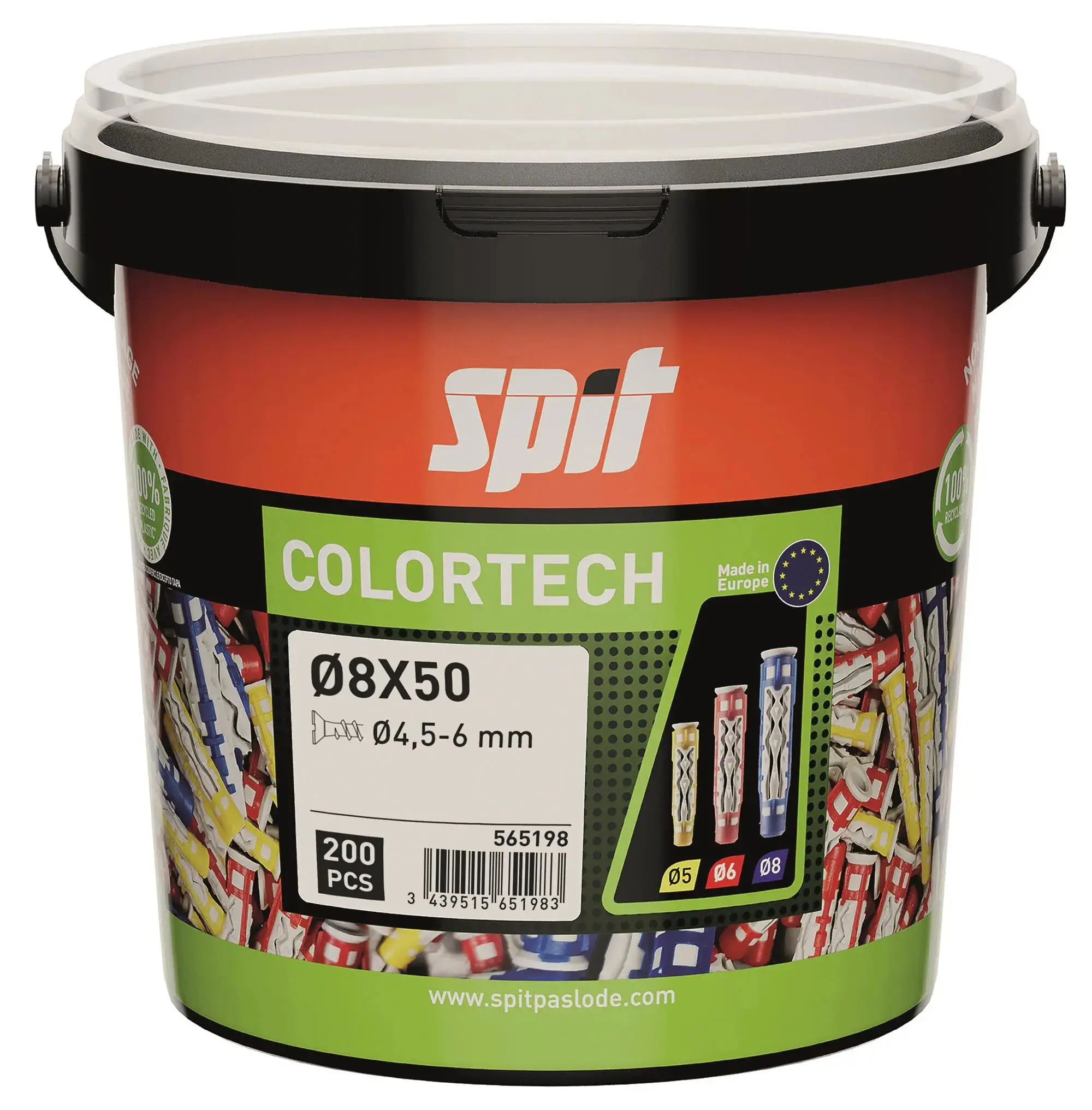 Cheville plastique COLORTECH 8x50 sans vis - SPIT - Seau de 200 - 565198