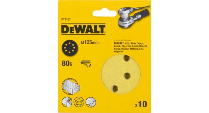 Disque abrasif DEWALT Velcro excentriques - Ø125 mm grain 80 - Boite de 10 - DT3103 Disque abrasif DEWALT Velcro excentriques - Ø125 mm grain 80 - Boite de 10 - DT3103