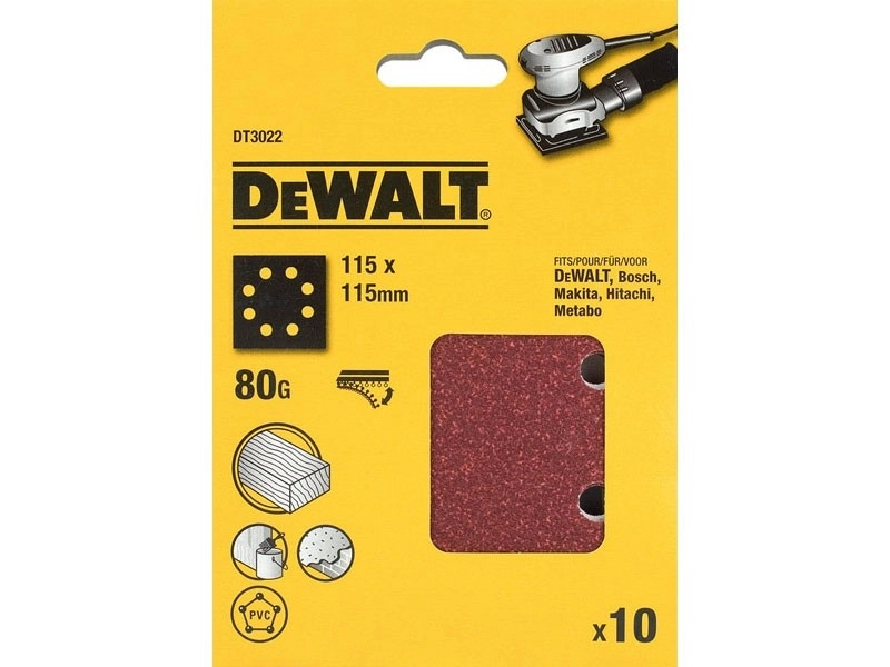 Feuille abrasive DEWALT - grain 80 - 115 x 115 mm - 10 pièces - DT3022