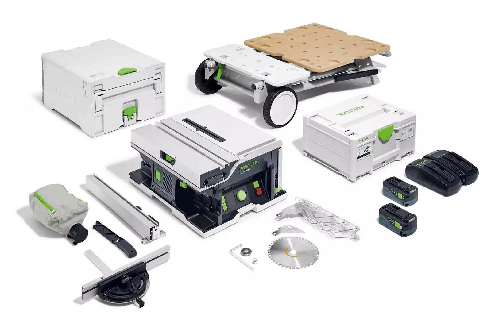 Scie circulaire sur table sans fil  CSC SYS 50 EBI-SET - FESTOOL - Avec 2 batteries 18V 5Ah + chargeur double + chariot + systainer + accessoires - 577379