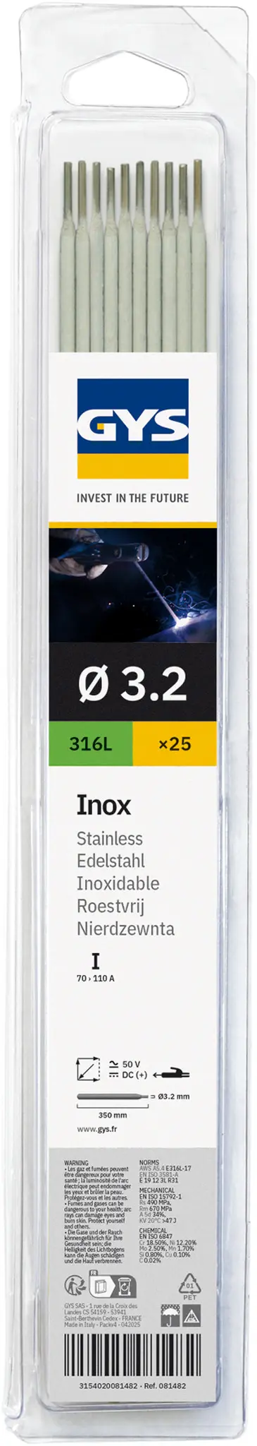 25 Électrodes inox 316L Ø 3,2 mm - brochable - Blister - GYS - 081482