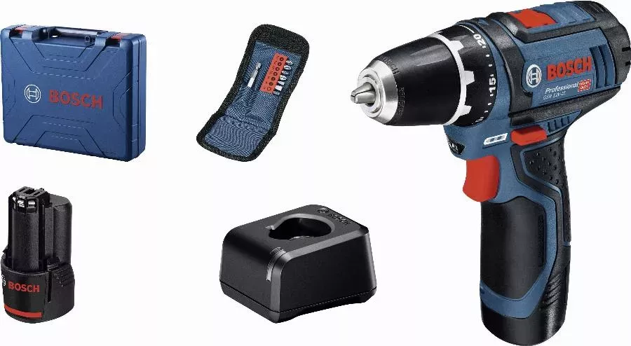 Perceuse-visseuse sans-fil BOSCH GSR 12V-15 + 10 accessoires + 2 batterie GBA 12V 2,0Ah + chargeur GAL 12V-20 + Coffret - 060186810G